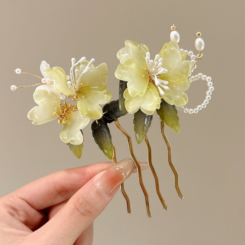 Peonía Peonía Peine Verde Fresco Peine Cheongsam Accesorios Peine Insertado Tocado Mujer Lado Fairy Beauty Bola Bola Accesorios para el cabello