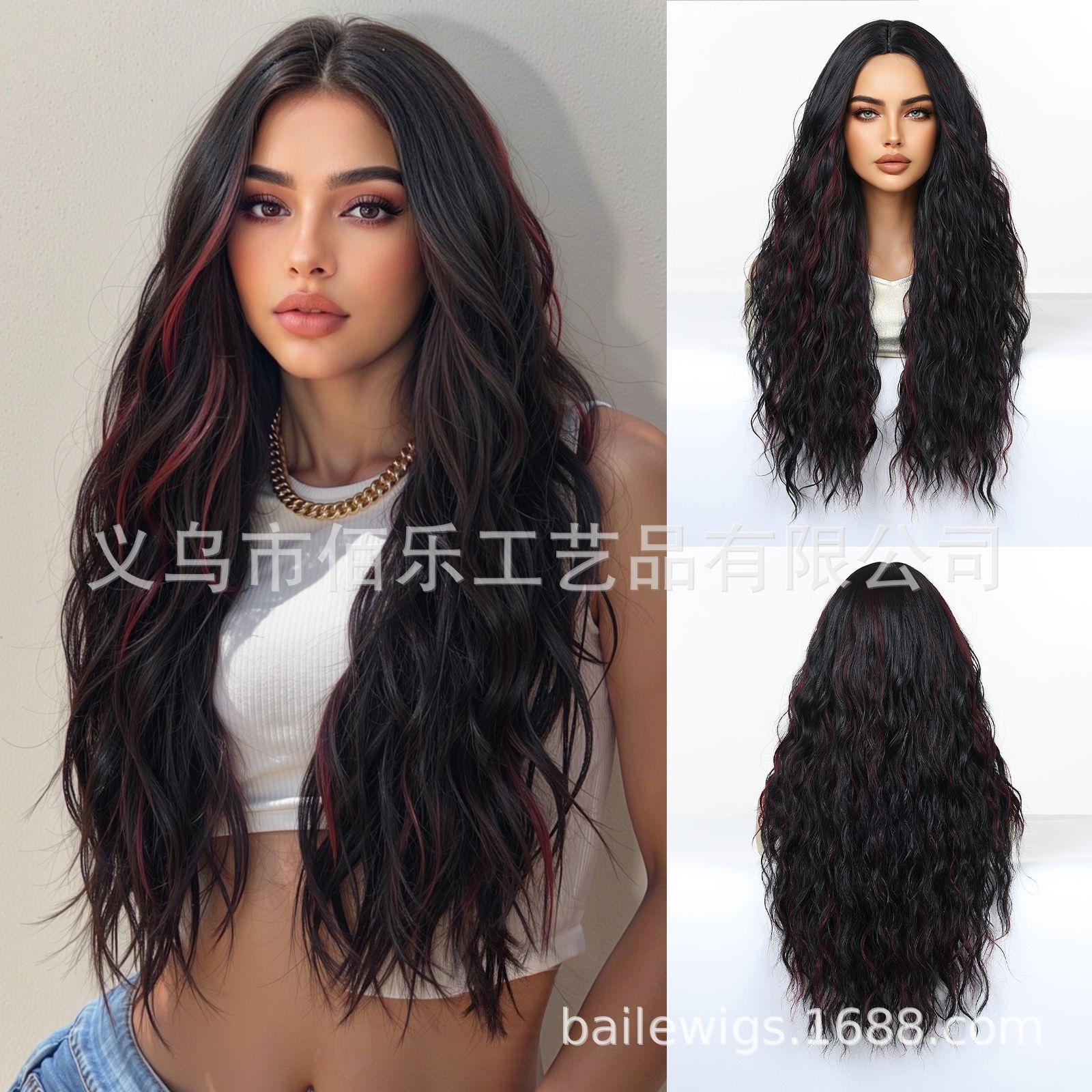 Pequeña pelucca de cabello de mujer cubierta de cabello negro marrón medio largo rizado Xuchang pelucca fibra química pelucca de mujer en stock