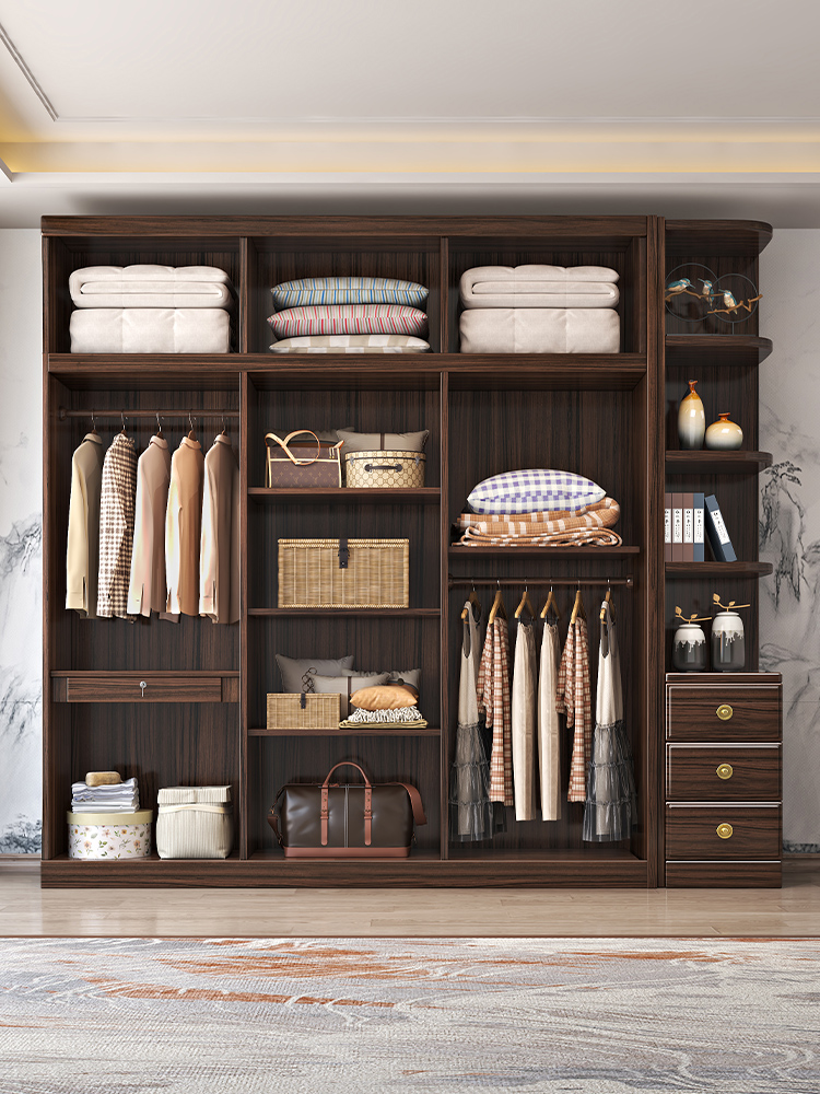 ♔ New Chinese-Style Ebony Wood Solid Wood Wardrobe for Home Bedroom Clothing Storage Cabinet, Natural Wood Thickened Coat Cabinet