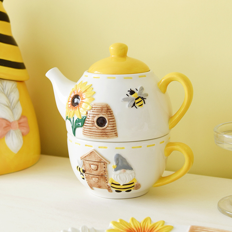 Hogar pintado a mano tetera de agua tetera madre abeja encantador elfo taza de primavera tetera tetera cerámica colorida té de la tarde
