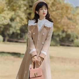法式加绒加厚娃娃领呢子大衣女秋冬显瘦洋气质风衣中长款毛呢外套