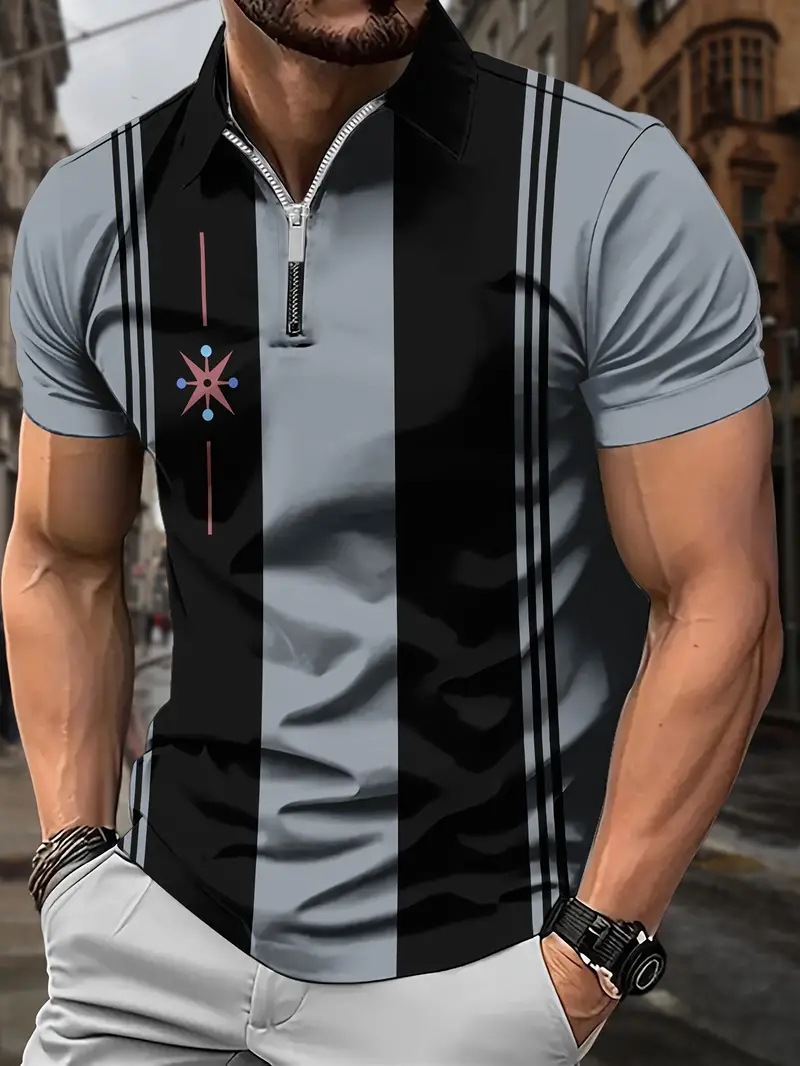 AliExpress Cross-border de los hombres de la calle principal de Europa y América, ancho de hombro, manga corta suelta, cremallera, camisa POLO, impresión a rayas 3D