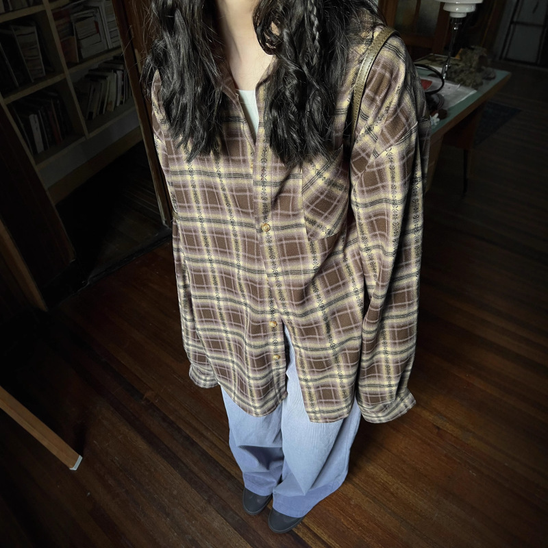 POXFFEE/【棕紫色】美拉德格子衬衫女秋季新款复古衬衣上衣|undefined