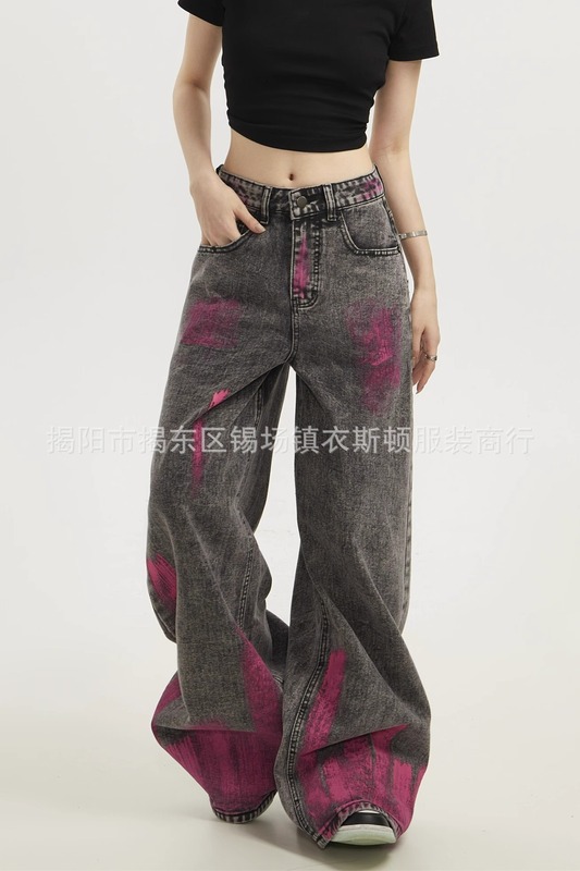 黑色水洗多口袋牛仔裤女胖mm大码夏季高腰宽松直筒裤阔腿工装裤子|undefined