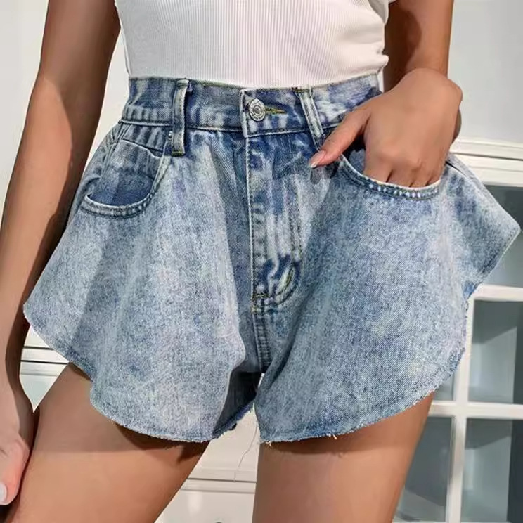 Summer European and American Cross-border New Women's Denim Shorts Irregular Ruffled Jeans High Waist Ruffled Flared Pants