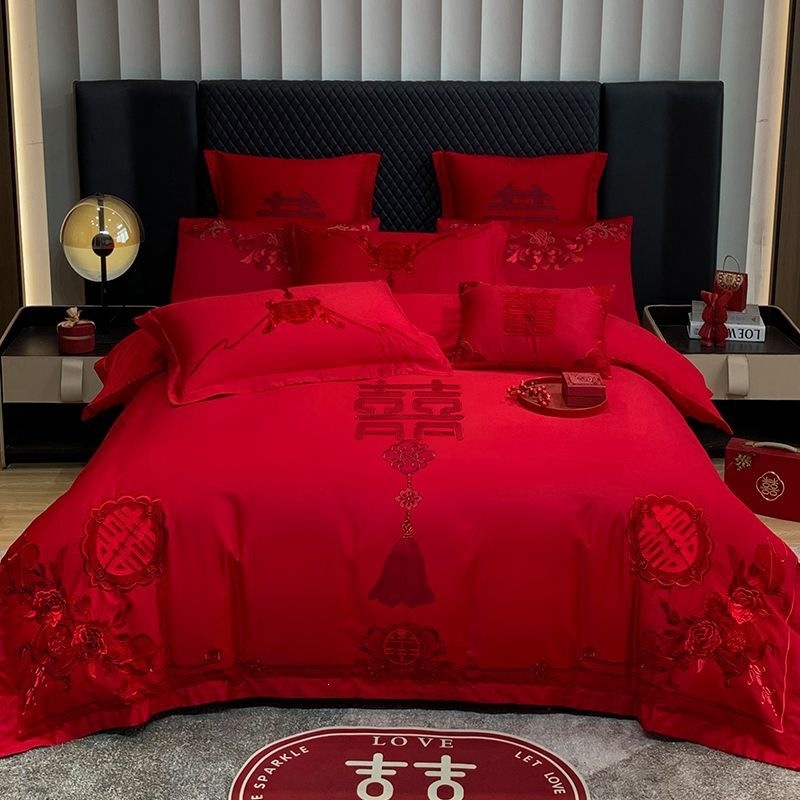 Cuatro piezas de boda china dragón-fénix bordado sábanas de boda rojas casa de boda colcha de cama image 16