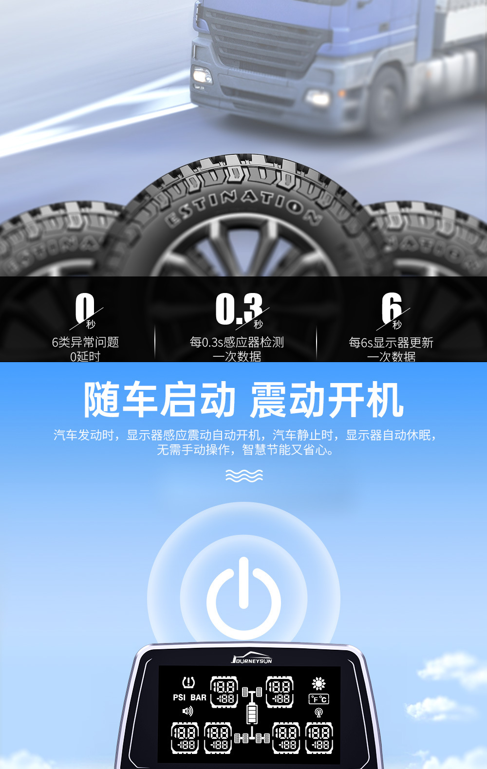 Large Truck Tire Pressure and Temperature Monitor with Large Screen Display, 6-Wheel Simultaneous Display, Color Screen Design, Built-In and External Sensors