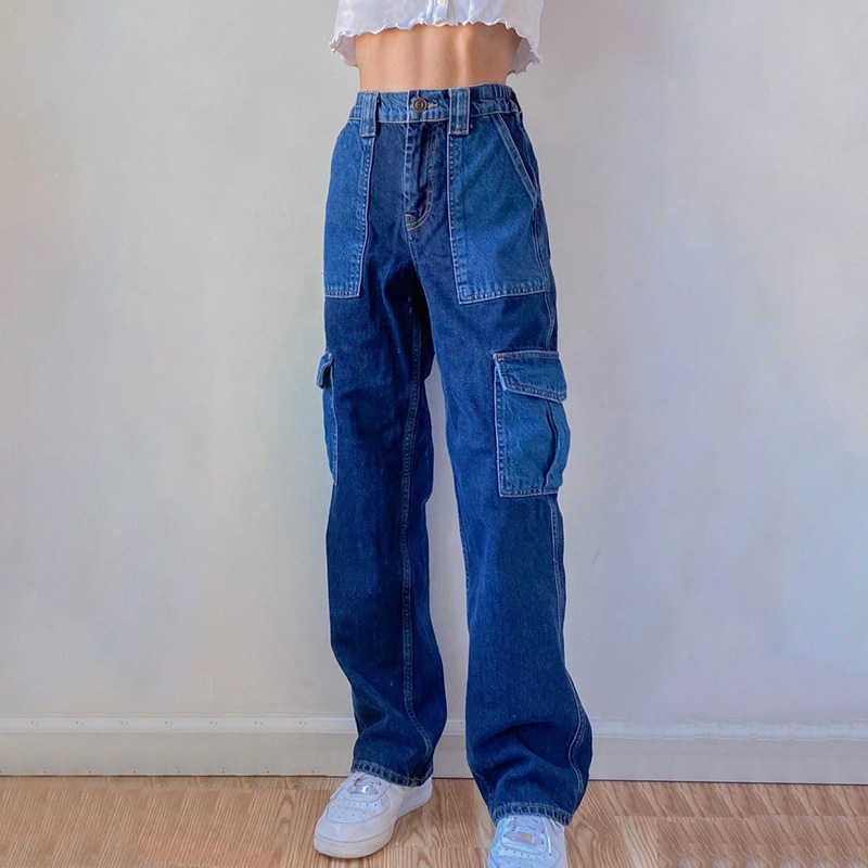 Straight Jeans Women Pockets Baggy Cargo...