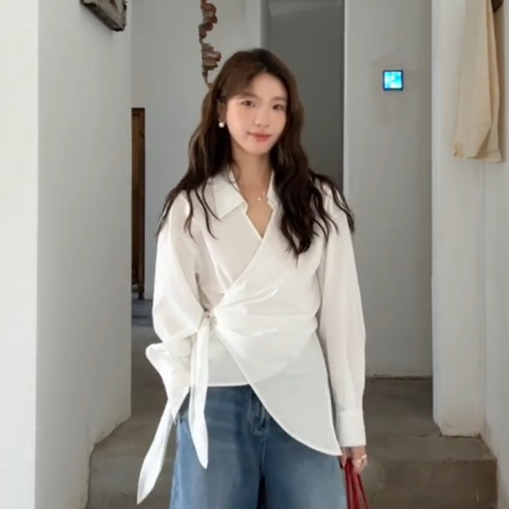 東大門韓国スタイルサイドレースアップウエストクロススモールラペルシャツレディース新作ストライプシャツトップシャツ|undefined