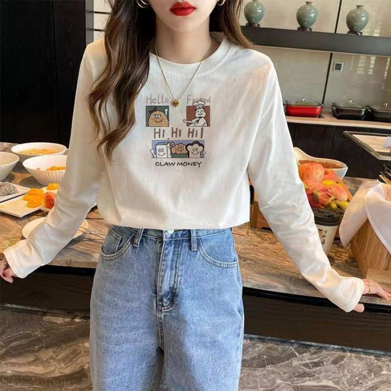 White Long-Sleeved T-Shirt for Women Spring & Fall New Korean Style Trendy Brand Ins Preppy Style Round Neck Loose Inner Top Bottoming Shirt