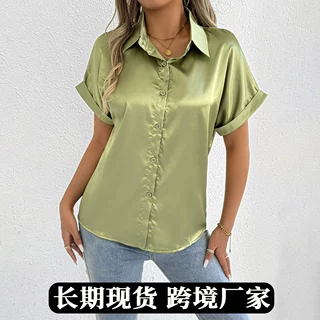 实拍爆款女装外贸亚马逊夏季新款蓝色缎面衬衫女色丁衬衣女小个子
