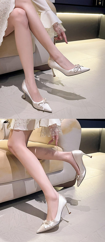 Giày cao gót nữ mũi nhọn gót 6–8 cm chất liệu nhung, thắt nơ, kiểu giày cưới cho cô dâu — Quả mơ (bổ sung), Đỏ (bổ sung) chi tiết 9
