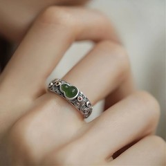 通体s925纯银碧玉祥云葫芦戒指女小众复古国风宫廷开口镶嵌新中式