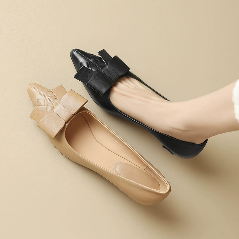Туфли на thin-heeled для женщин 2023 новый осень заостренный нос средняя высота каблука овчина женские туфли бант мягкая подошва неглубокий роток высокий каблук