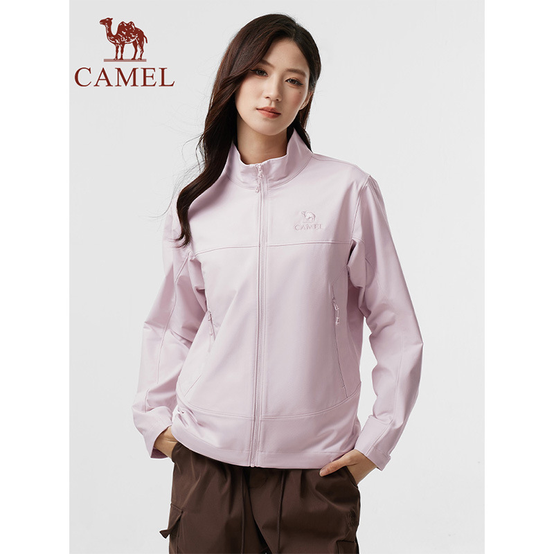 Camel Outdoor Soft Shell Jacket Women's Autumn and Winter Stand Collar Windproof Velvet Warm Jacket Wear-Resistant Hiking and Mountaineering Jacket for Men
