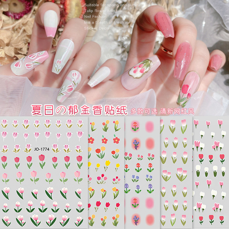 Internet Celebrity Tulip Nail Art Stickers 3D Adhesive Spring and Summer New ins Small Fresh Pink Flower Decorative Nail Stickers
