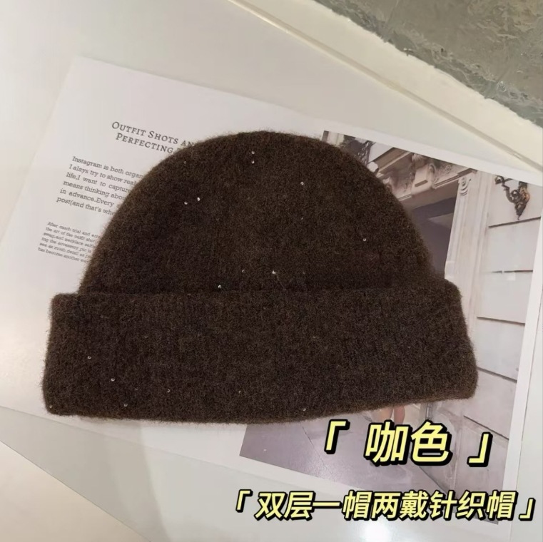 (2개) 모자 한 개, 두 개 입고 두꺼운 모직 혼방 스팽글 보두 더미 모자, 가을 겨울 따뜻한 귀 보호 니트 모자, 모직 모자