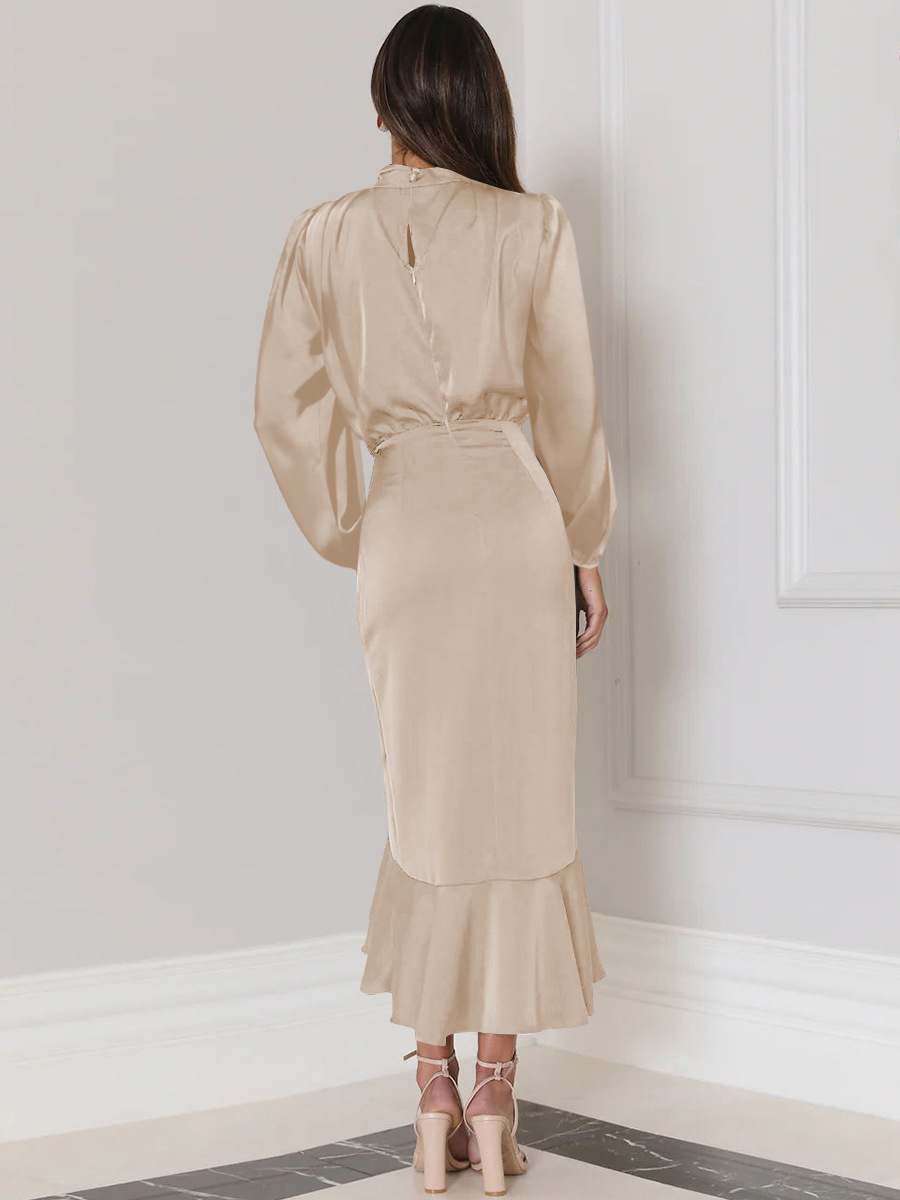 Party Dress Elegant Standing Collar Long Sleeve Solid Color Midi Dress Wedding display picture 12