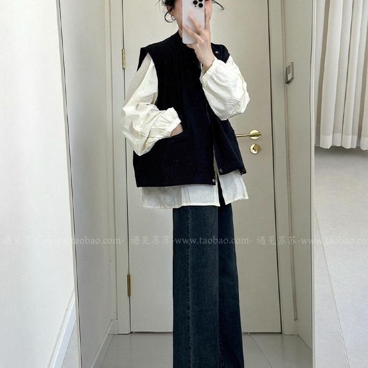 In Early Autumn, Wear a Complete Set of French Lantern-Sleeved Shirts, Chic Vests and Jeans Three-Piece Set