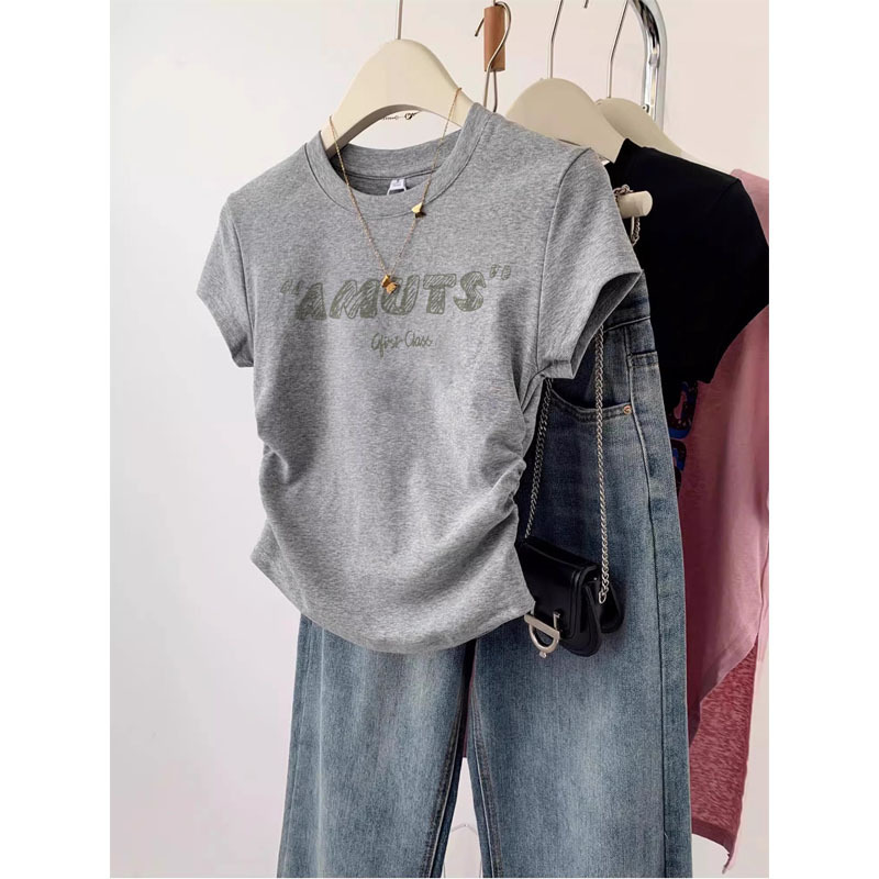 Shoulder Short-sleeved Cotton Printed T-shirt Women's Summer New Slim-fit Waist Half-sleeved Irregular Short Top Fashionable Clothes Shoulder Short-sleeved Cotton Printed T-shirt Women's Summer New Slim-fit Waist Half-sleeved Irregular Short Top Fashionable Clothes