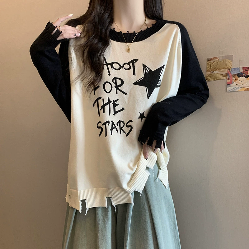 2024秋冬胖mm显瘦撞色印花针织衫高品质大码女装烂边流苏上衣代发