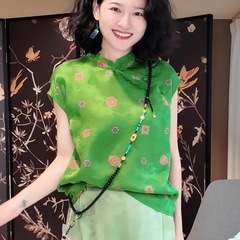 新中国式緑砕花立襟盤ボタン半袖シャツ女性夏高級感軽贅沢国風上着小香風