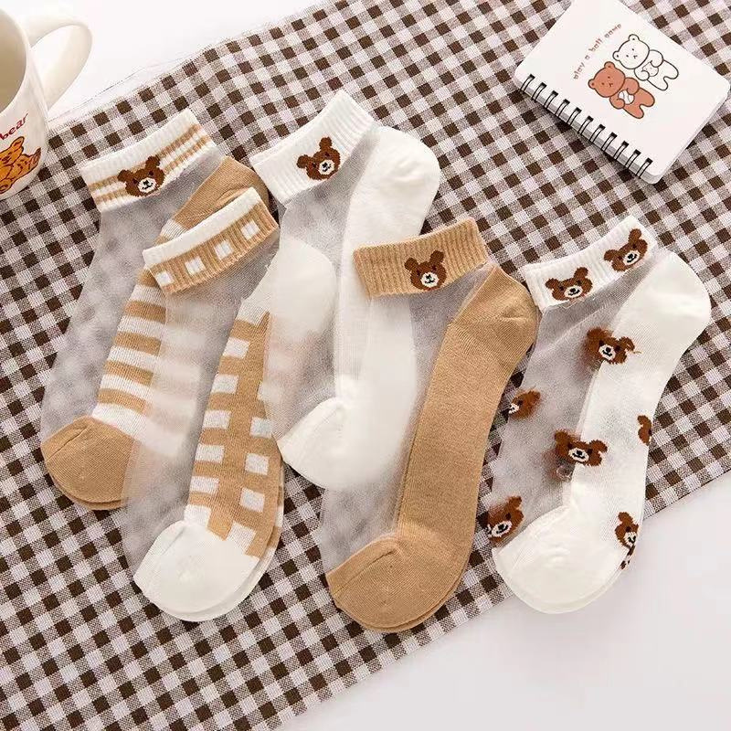Women's Crystal Silk Short Socks, Brown Cartoon Bear Ice Silk Socks, Summer Thin Transparent College Style Cotton Socks with Cotton Sole