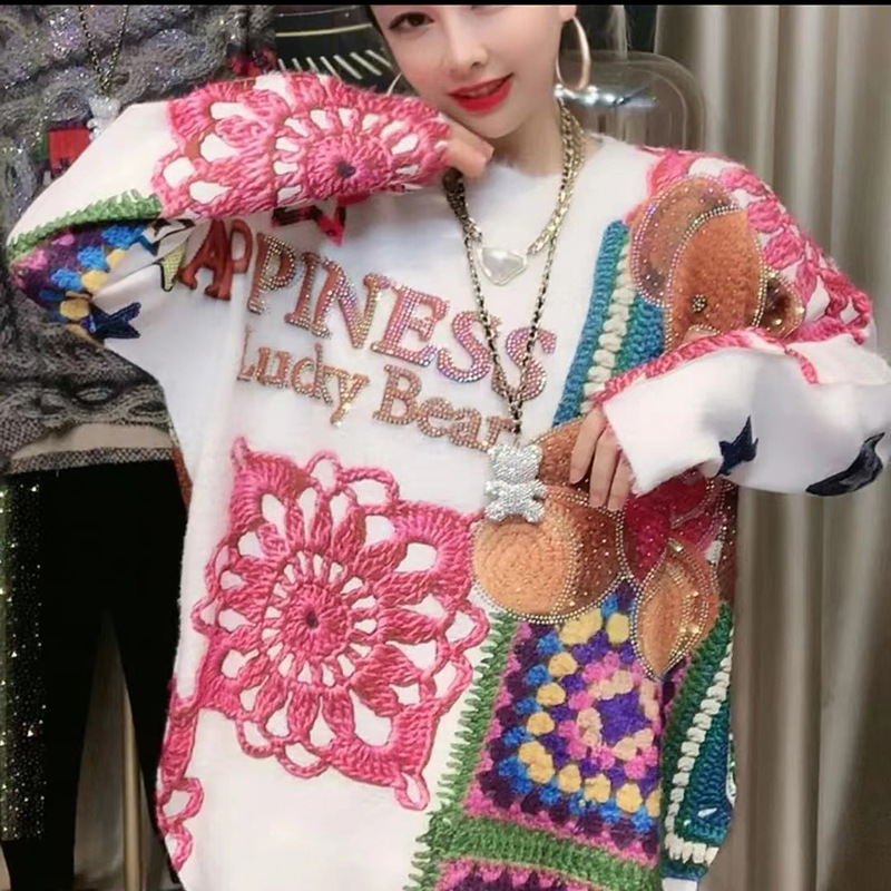 2023 nuevo Otoño e Invierno suéter de terciopelo de visón de imitación de manga larga bordado oso rhinestone forrado de lana más tamaño cálido Americano Superior