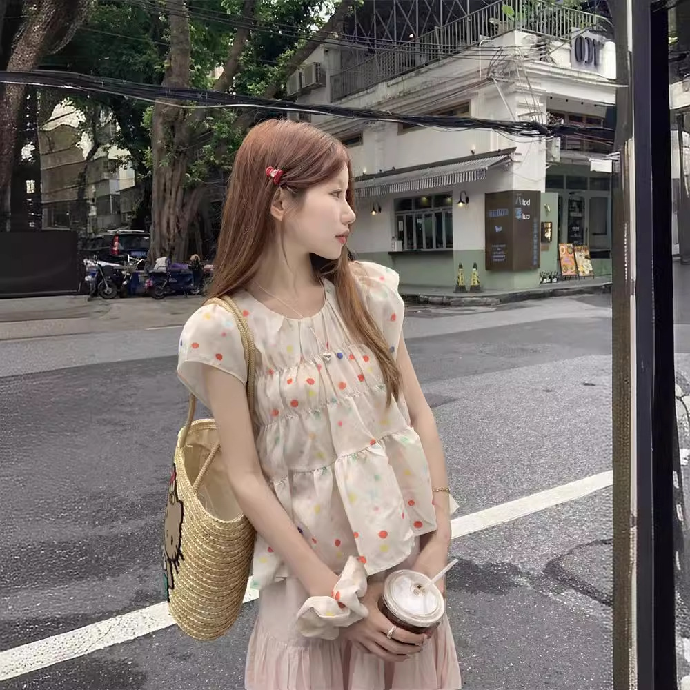 实拍！2024夏季新款韩系女式气质童趣彩色波点短袖上衣女