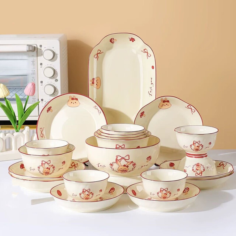 High-Quality Underglaze Ceramic Tableware for Home Use: Rice Bowls, Noodle Bowls, Soup Bowls, Dish Plates, Deep Plates, Rice Plates, Cartoon Cute Bowls