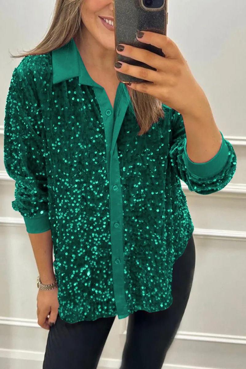 Glitter Collar Button-Up Shirt – Winter Trendy Blouse With Sequin Detailing (Breathable Polyester, Comfort Stretch, Elegant & Edgy Style)_voghion.com