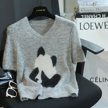 柔软jin口羊驼毛卡通减龄V领短袖毛衣女薄款针织衫早秋082