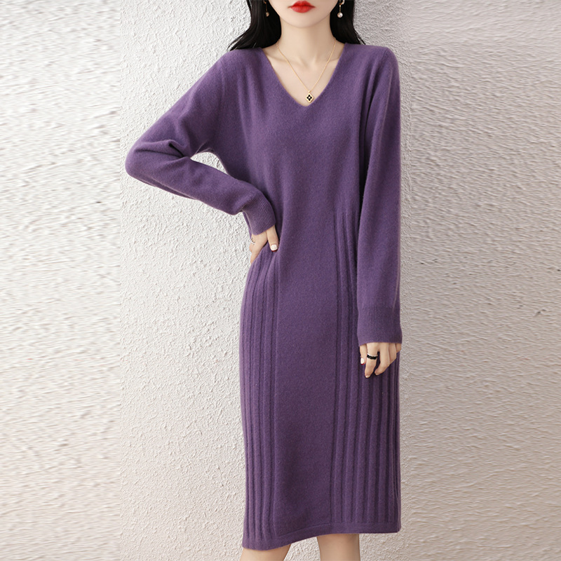 V-Neck 100 Pure Wool Dress Women's Slim-Fit Knitted dress Over-the-Knee Long Dress Extra Long Hip Bodycon Sweater Dress