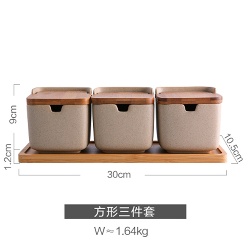 厂家日式创意简约竹盖养身陶调味罐厨房调味调料盒3件糖盐罐三件|undefined