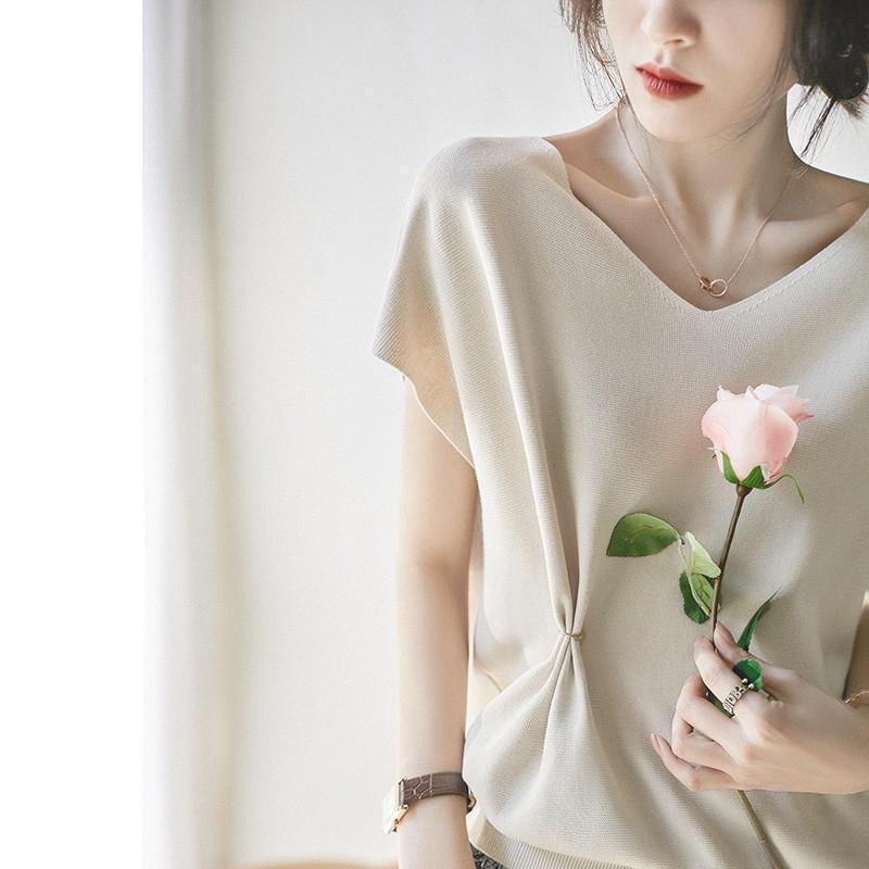 フランス式の大衆デザイン感温柔風vネック半袖tシャツ女性の新型はやせて年齢を減らします。|undefined