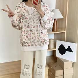 2024新款春秋长袖睡衣女秋冬季可爱卡通小熊家居服圆领可外穿套装