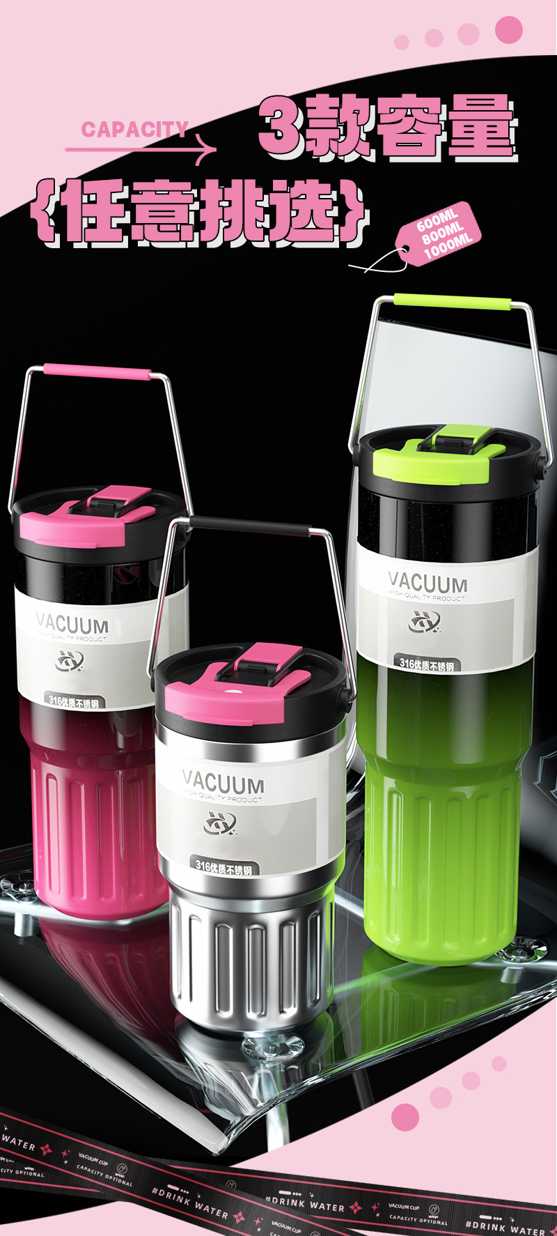 【中国直邮】TIMESWOOD 渐变大容量水杯 800ML-紫色 保温杯 提手健身水杯