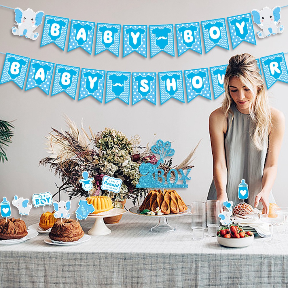 Nuevo estilo transfronterizo de decoración de fiesta de baby shower, bandera, elefante azul, bebé, niño, fiesta de bienvenida para bebés, decoración