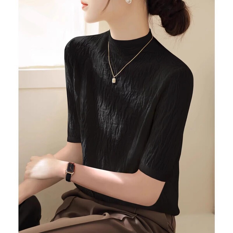 Black Half-High Collar Five-Quarter Sleeve Knit Top 2026 New Women's Fashion Loose Pleated Base Shirt One Size Fits All Black Half-High Collar Five-Quarter Sleeve Knit Top 2026 New Women's Fashion Loose Pleated Base Shirt One Size Fits All