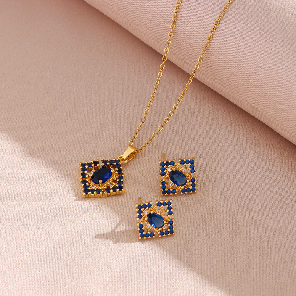 Set collana con pendente e orecchini in zircone blu stile retro_voghion.com