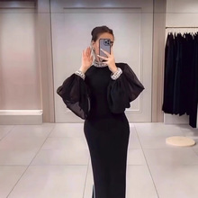 跨境2024新款性感网纱长袖立领钻饰修身显瘦绷带连衣裙派对晚礼服