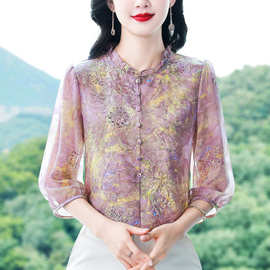 洋气妈妈春夏真丝印花中袖衬衫新款中老年女高贵小衫桑蚕丝上衣服