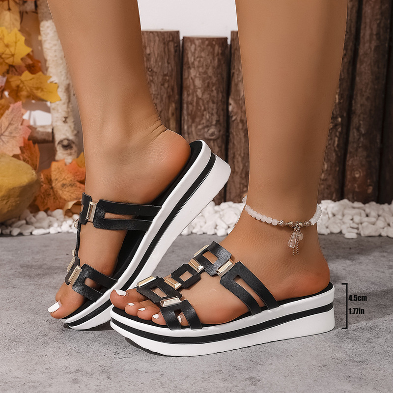 European and American Summer New Style Bohemian Thick-Soled One-Line Women's Slippers Metal Buckle Cut Out Breathable Cross-Border Size 43 Shoes