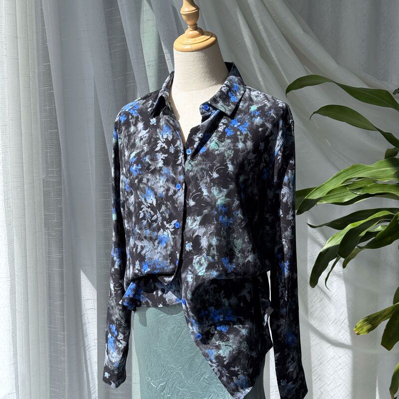 Atmospheric Blue and Black Tone·Deep Night Garden Printed Sand-Washed Silk Long-Sleeved Shirt