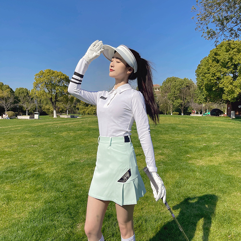 Korean Style Golf Clothing Women's Suit Summer Sports Quick-Drying White Long-Sleeved Polo Shirt Light Green Pleated Short Skirt