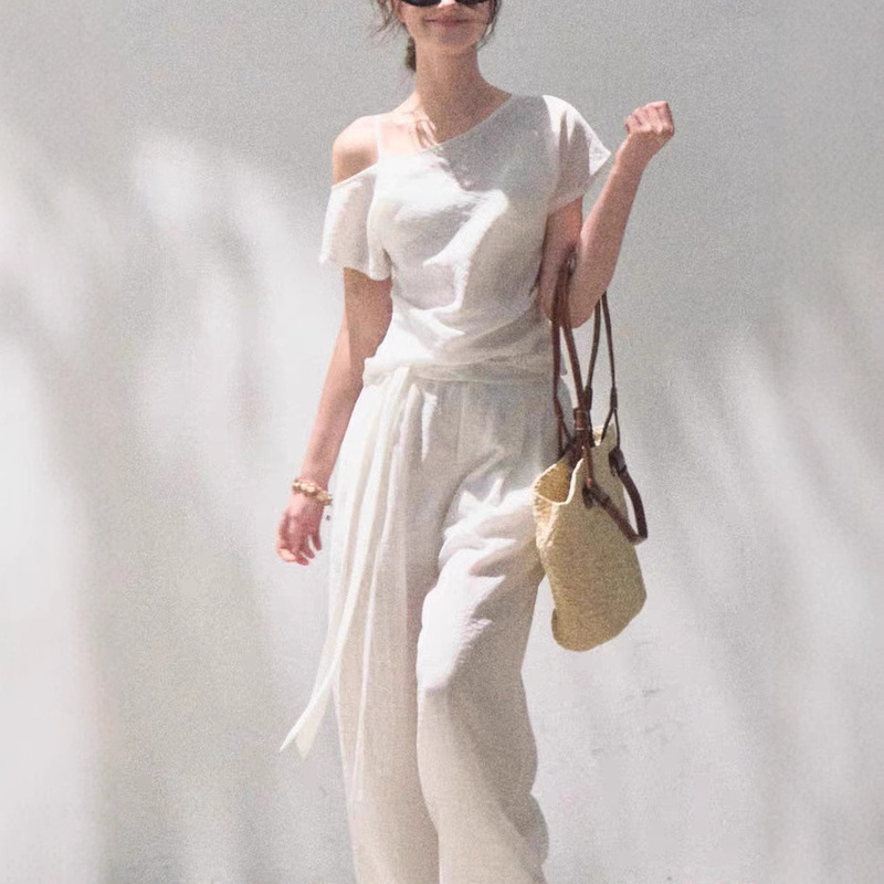 Far Away Story Linen Off-Shoulder Short-Sleeved Shirt Casual Pants Sun Protection Suit