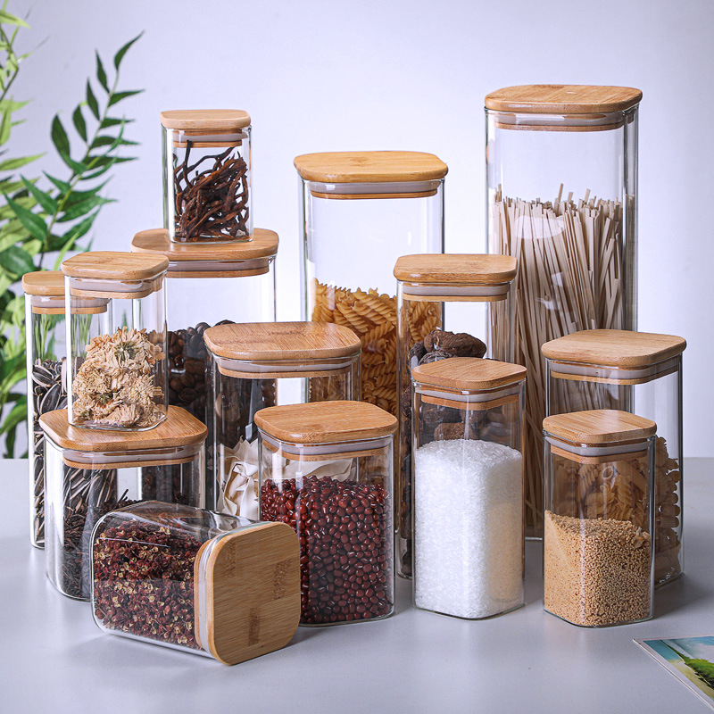 tanque de almacenamiento de vidrio de alto borosilicato de cocina de alta calidad té cereales dulces de bambú cubierta de madera sellado tanque de almacenamiento cuadrado