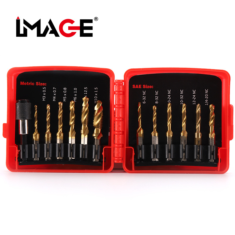 Set of 13 Red Plastic Boxes, Metric and Imperial, Hex Handle Composite Taper Drill and Countersink Combo