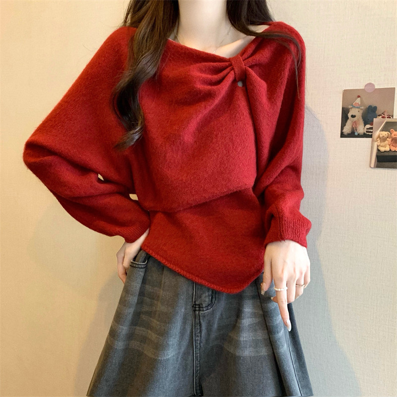 Christmas and New Year Red Off-Shoulder Long-Sleeve Sweater for Women, Spring and Autumn 2026 New Short Loose Off-Shoulder Knit Set Christmas and New Year Red Off-Shoulder Long-Sleeve Sweater for Women, Spring and Autumn 2026 New Short Loose Off-Shoulder Knit Set