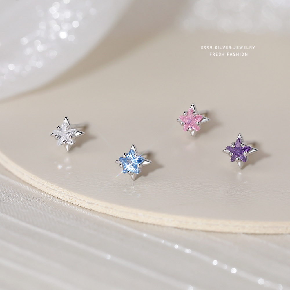 S999纯银彩色糖果风星星耳钉女时尚精致小清新轻奢高级感耳骨钉